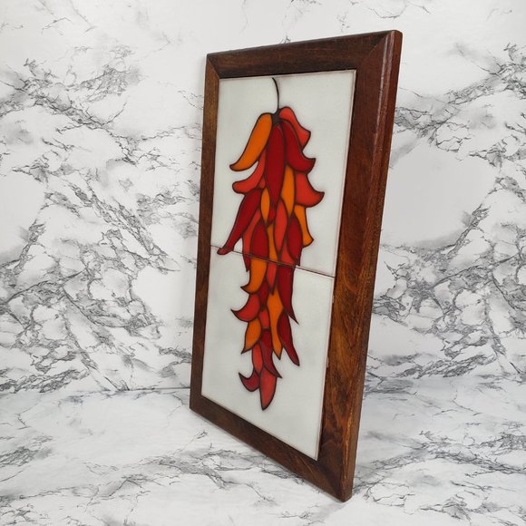 Italian Tile Wood Red Peppers Trivet Wall Decor Vintage - Picture 2 of 13